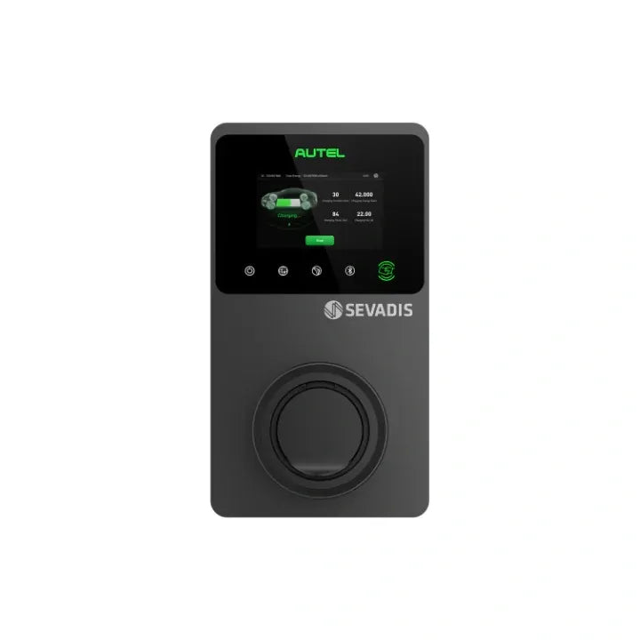 Autel MaxiCharger EV charger with SEVADIS display screen showing charging status and rotary dial control - UK home charging point