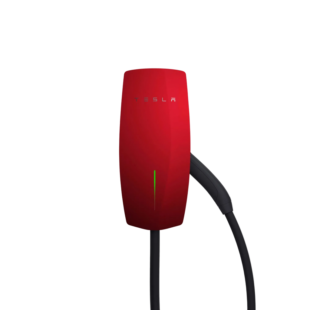 Tesla Wall Connector Gen 3 EV charger in glossy red with TESLA wordmark, green LED status indicator and tethered Type 2 cable
