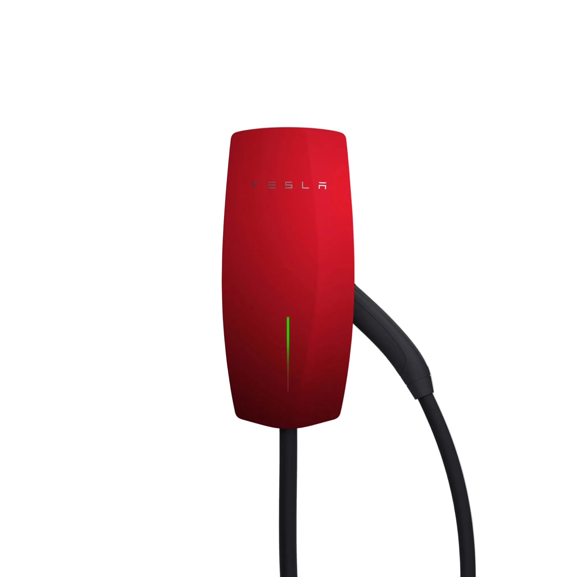 Tesla Wall Connector Gen 3 EV charger in glossy red with TESLA wordmark, green LED status indicator and tethered Type 2 cable