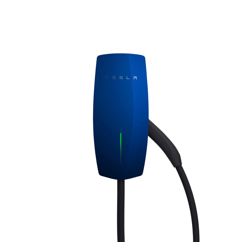 Tesla Wall Connector Gen 3 EV charger in glossy blue with TESLA wordmark, green LED status indicator and tethered Type 2 cable