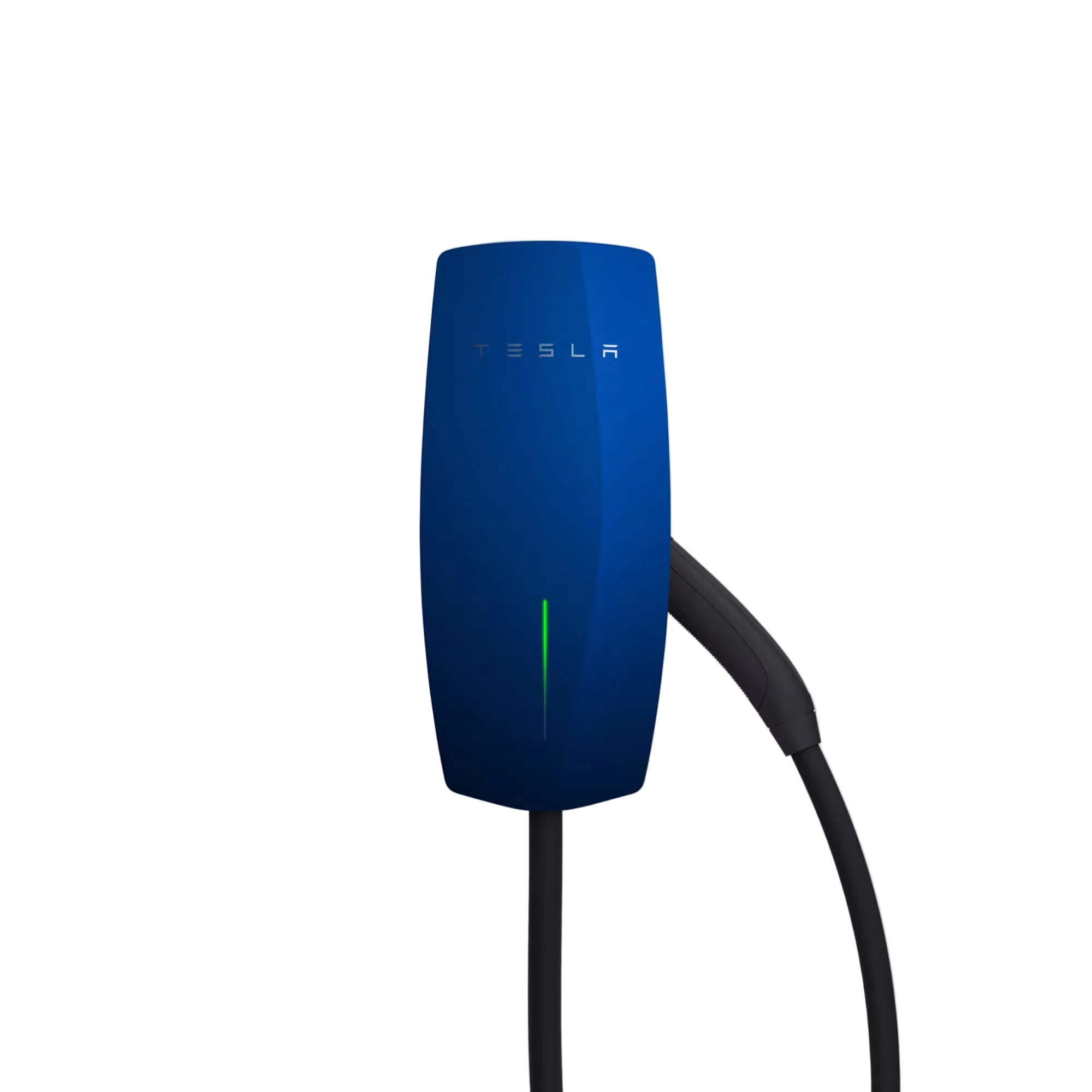 Tesla Wall Connector Gen 3 EV charger in glossy blue with TESLA wordmark, green LED status indicator and tethered Type 2 cable