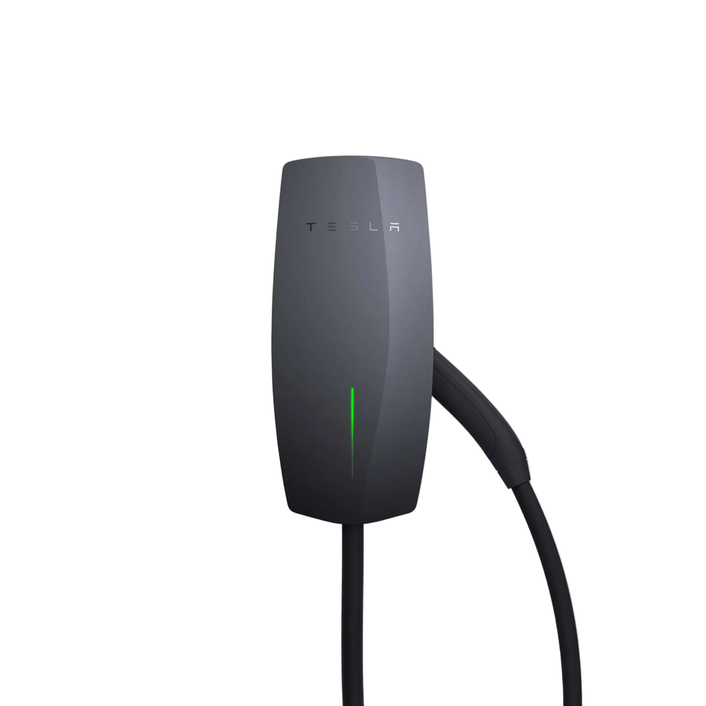 Tesla Wall Connector Gen 3 EV charger in anthracite grey with TESLA wordmark, green LED status indicator and tethered Type 2 cable