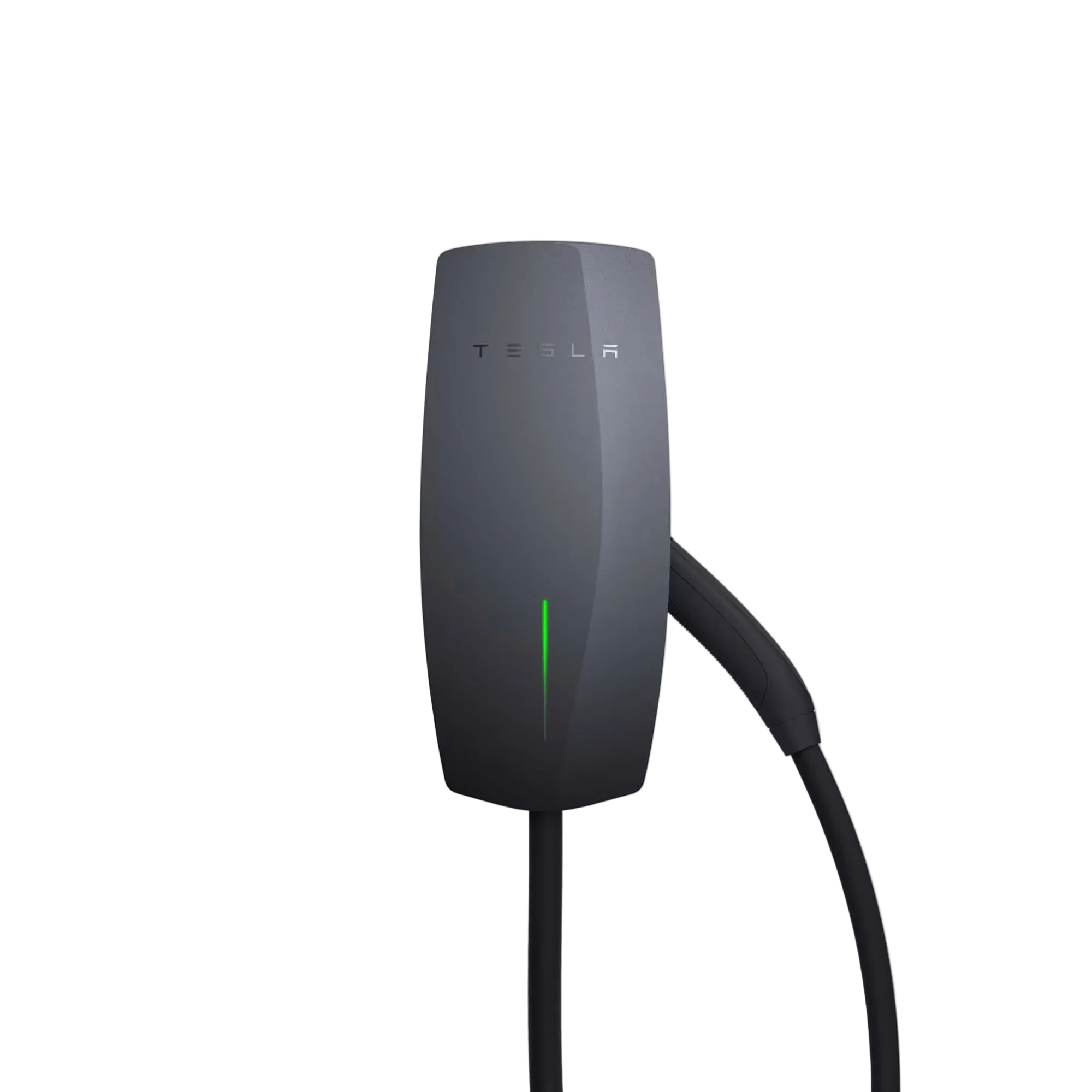 Tesla Wall Connector Gen 3 EV charger in anthracite grey with TESLA wordmark, green LED status indicator and tethered Type 2 cable
