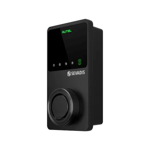 Autel MaxiCharger EV charger in black with SEVADIS display screen and rotary dial control - UK home charging point