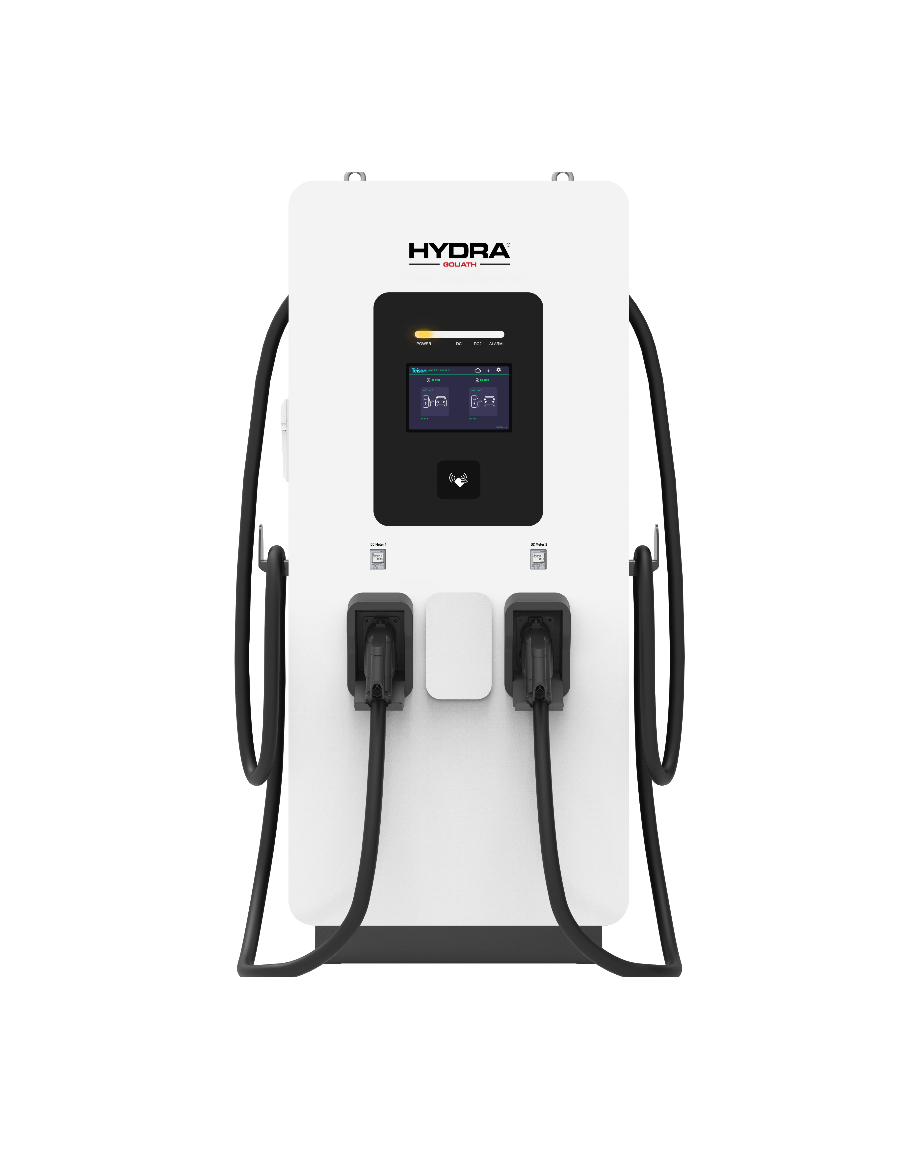 Hydra Goliath DC rapid charger front view with dual CCS2 cables