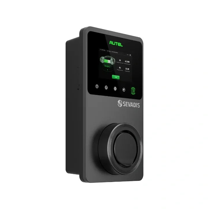 Autel MaxiCharger EV charger angled side view with SEVADIS display showing charging status - UK home charging point