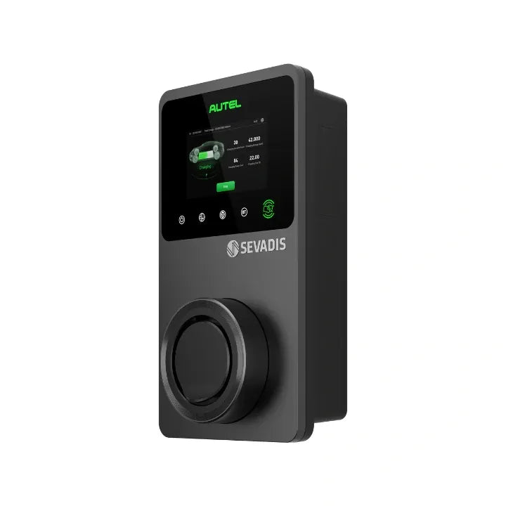Autel MaxiCharger EV charger left-angle view with SEVADIS display showing charging status - UK home charging point