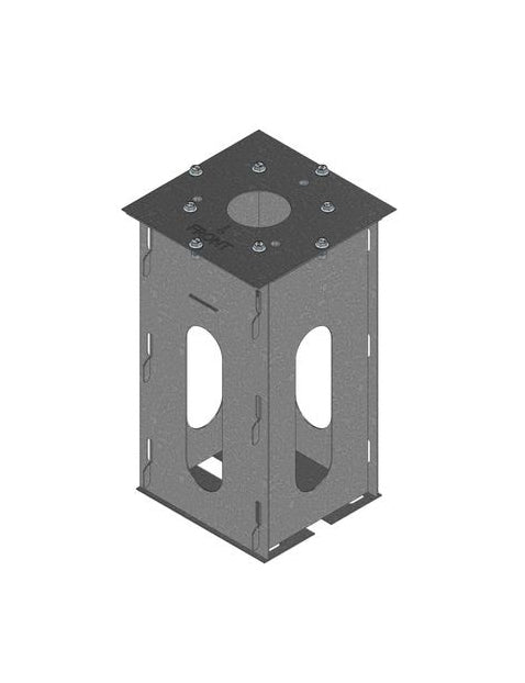 Galvanised steel in-ground anchor sleeve for Ratio EV charger post, rectangular concrete-fixing box with side cutouts