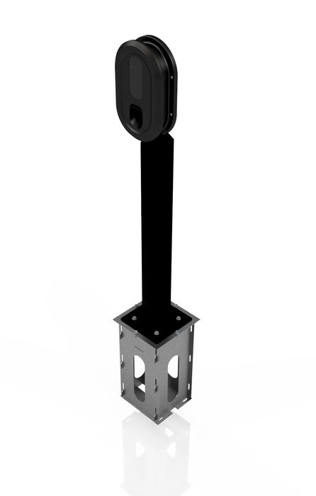 Ratio EV charger mounting kit with slim black post and charger backplate on galvanised steel in-ground anchor sleeve