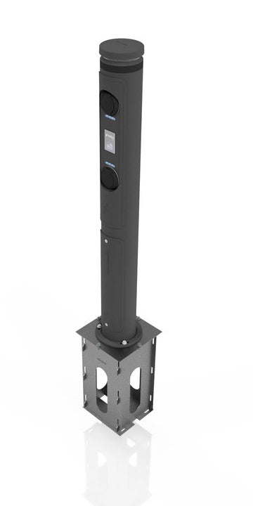 Ratio EV charger mounting bollard in black on galvanised in-ground sleeve, tall cylindrical post with side interface panel