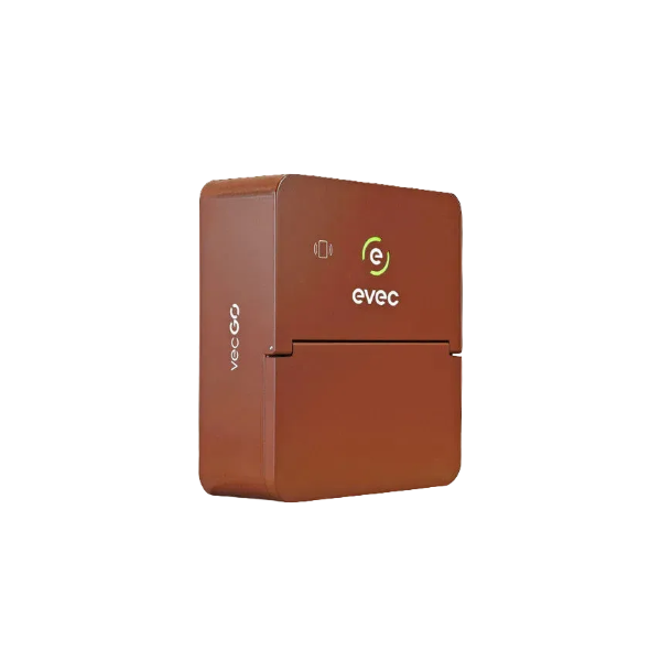Evec Go EV charger in terracotta orange, angled view showing evec logo and hinged socket cover - UK home charging point