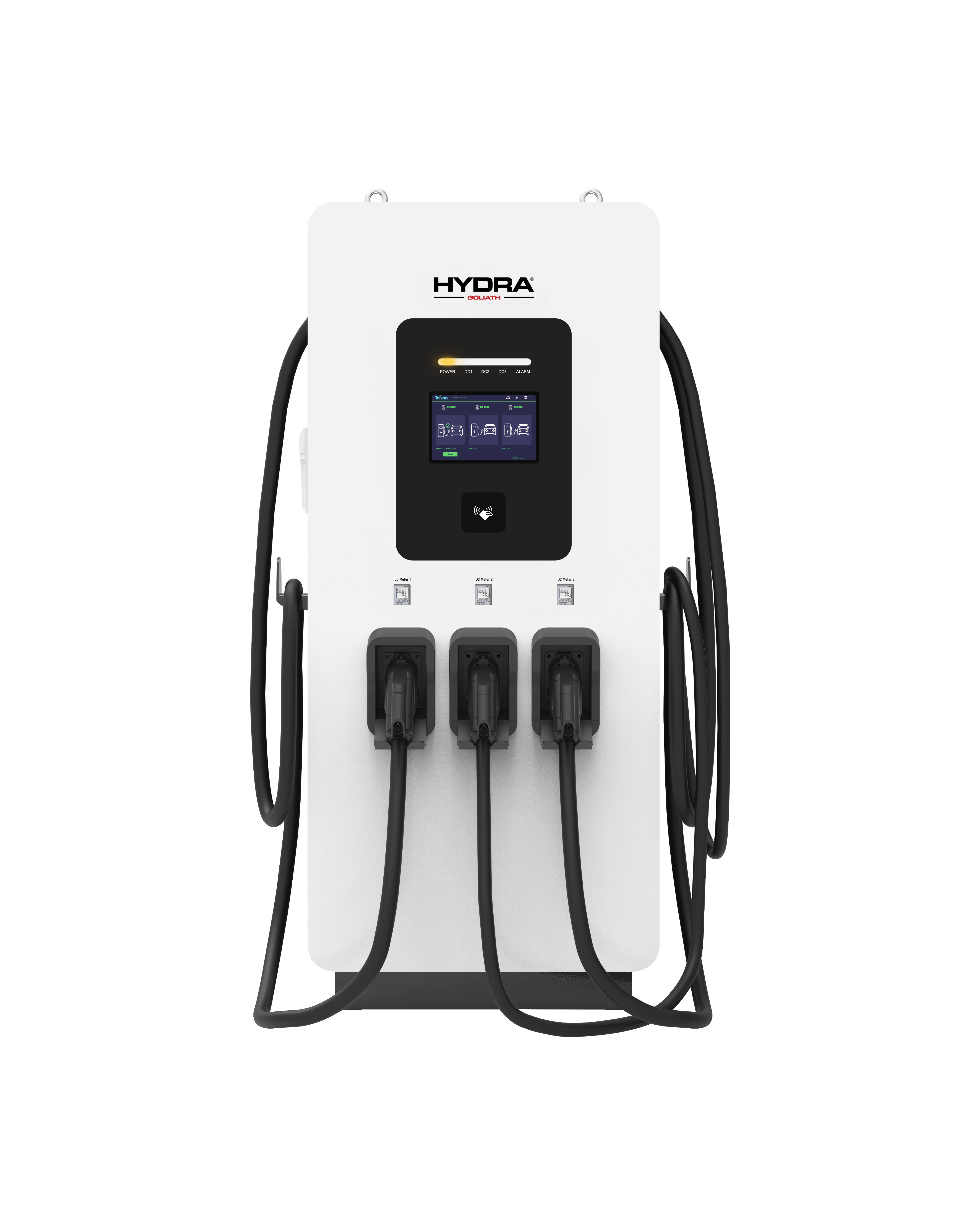 Hydra Goliath commercial EV charger with 10 inch touchscreen side view