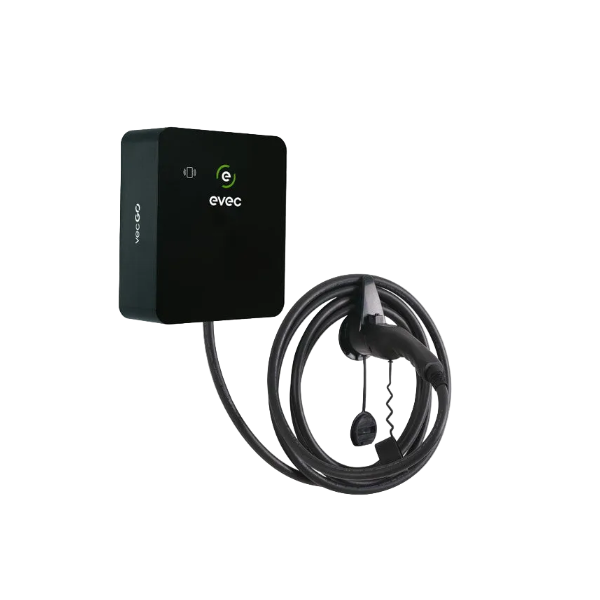 Evec Go EV charger in black with tethered coiled charging cable - UK home charging point
