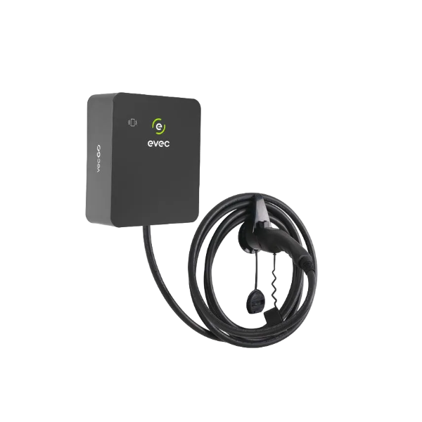 Evec Go EV charger in dark grey with tethered coiled charging cable - UK home charging point
