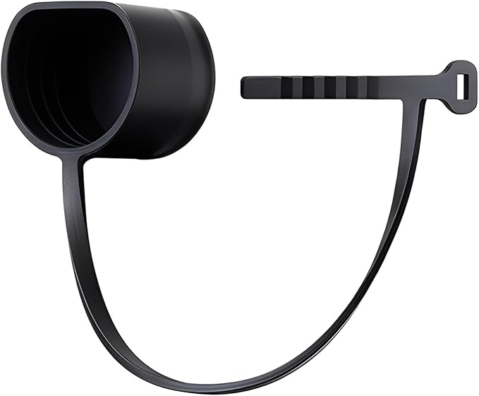 Black Type 2 EV charging cable connector dust cap open view with retention strap on white background