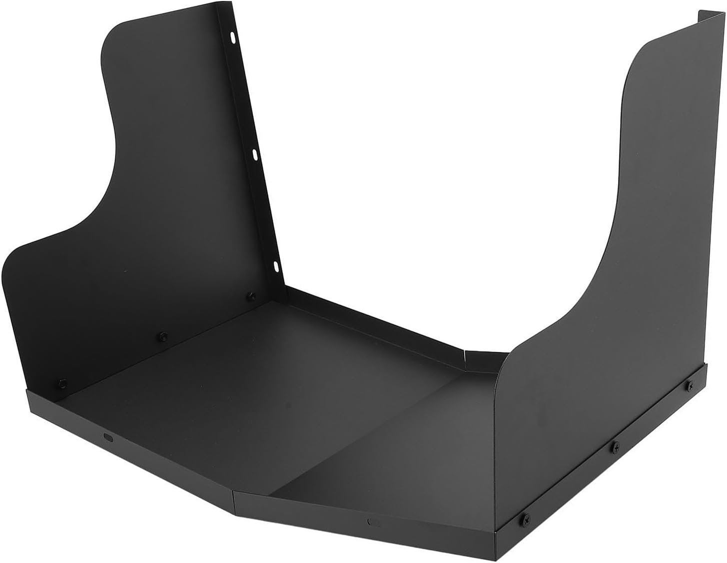 Black metal wall-mounted cable management tray for EV charging cable routing on white background