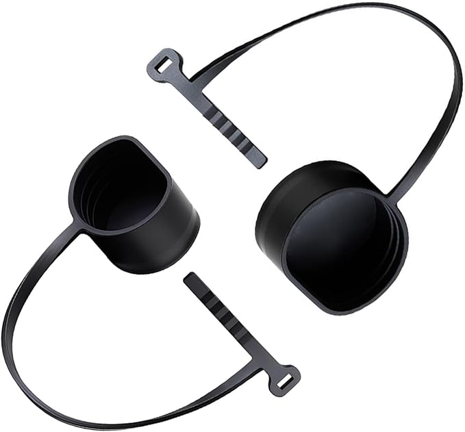 Two black Type 2 EV charging cable connector protective dust caps with retention straps on white background