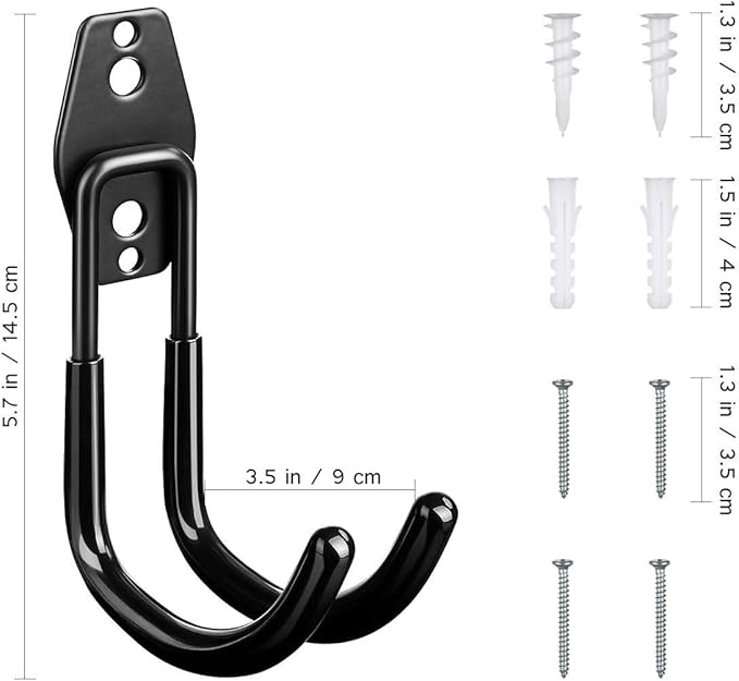 Black metal J-hook wall mounted EV charging cable holder with screws and fixings dimensions shown on white background