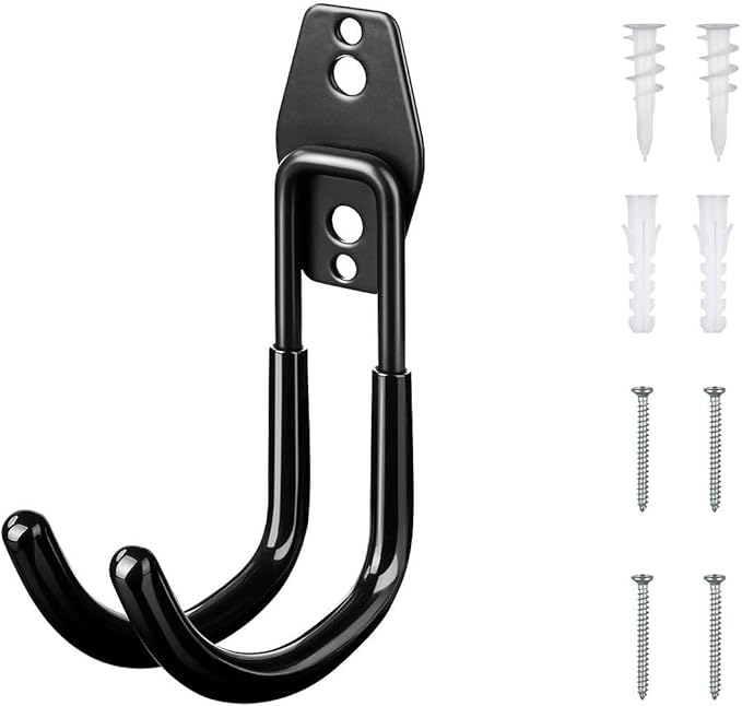Black metal J-hook wall bracket for EV charging cable storage with included wall plugs and screws on white background