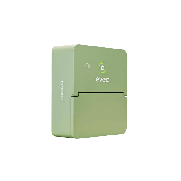 Evec Go EV charger in sage green, angled view showing evec logo and hinged socket cover - UK home charging point