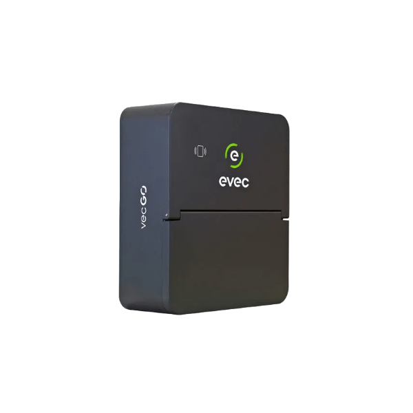 Evec Go EV charger in dark grey, angled view showing evec logo and hinged socket cover - UK home charging point