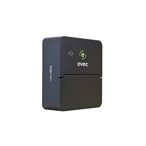 Evec Go EV charger in dark grey, angled view showing evec logo and hinged socket cover - UK home charging point