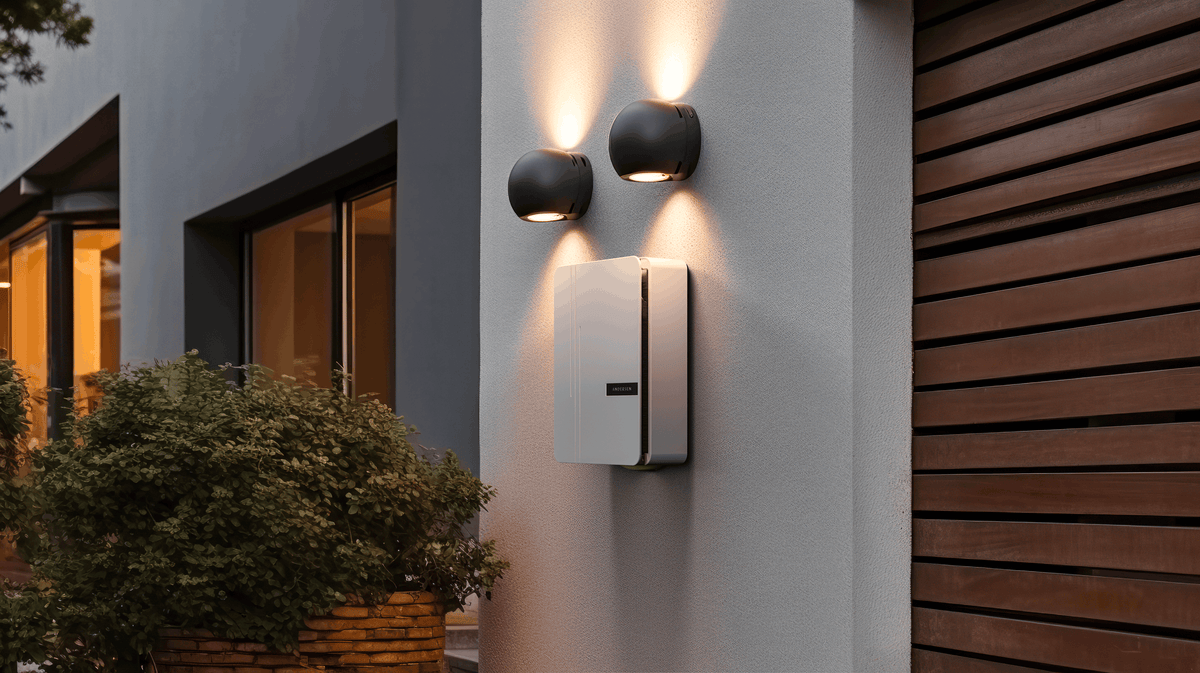 White EV charger installed on modern rendered wall with outdoor lighting - buy home charging station