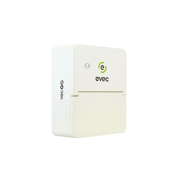 Evec Go EV charger in white, angled view showing evec logo and hinged socket cover - UK home charging point