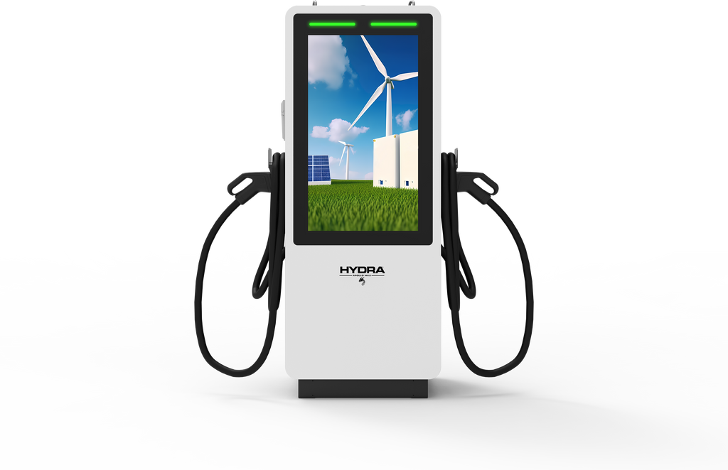 Hydra Apollo Max commercial DC EV charger with advertising screen side angle