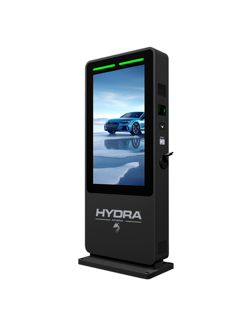 Hydra Athena commercial AC EV charger with advertising screen left side view