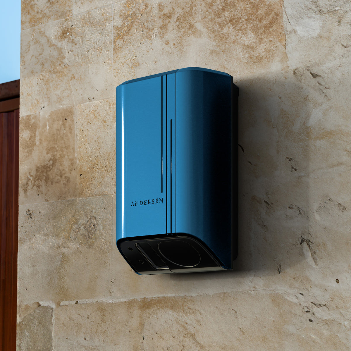 Andersen A3 EV charger in blue metallic installed on stone wall - buy premium home charging point
