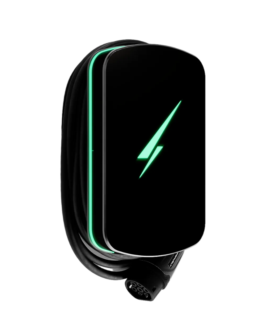 Hypervolt Home 3 Pro black EV charger with teal LED accent and lightning bolt logo side profile shadow view on transparent background