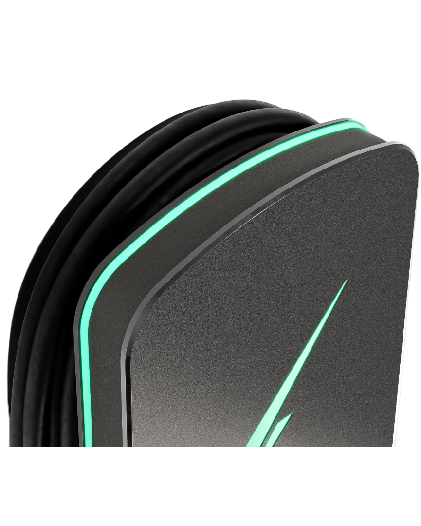 Hypervolt Home 3 Pro space grey EV charger angled close-up detail view with teal LED accent on transparent background