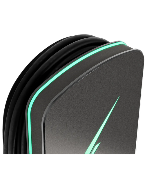 Hypervolt Home 3 Pro space grey EV charger angled close-up detail view with teal LED accent on transparent background