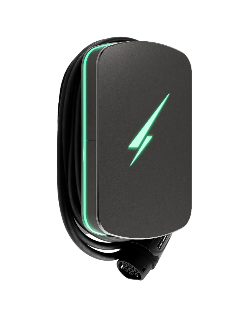 Hypervolt Home 3 Pro space grey EV charger with teal LED accent and lightning bolt logo side profile shadow view on transparent background