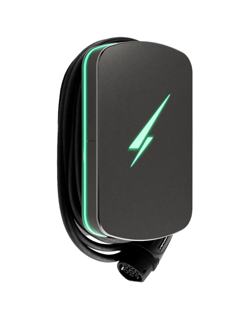 Hypervolt Home 3 Pro space grey EV charger with teal LED accent and lightning bolt logo side profile shadow view on transparent background