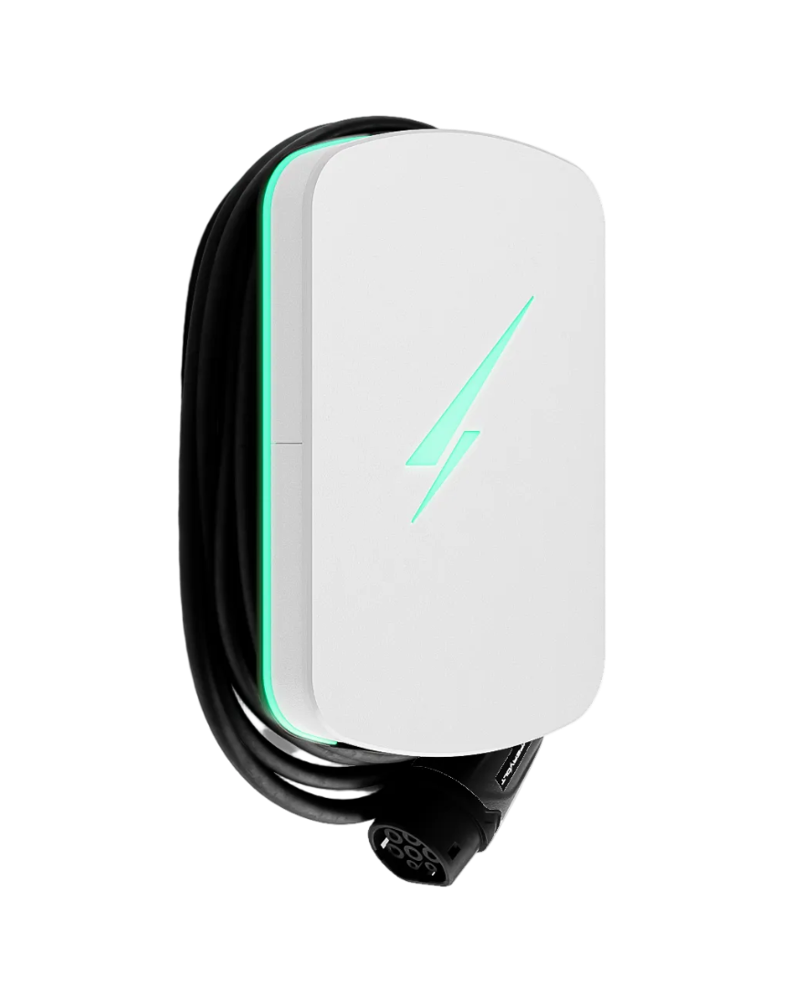 Hypervolt Home 3 Pro white EV charger with teal LED accent and lightning bolt logo side profile shadow view on transparent background