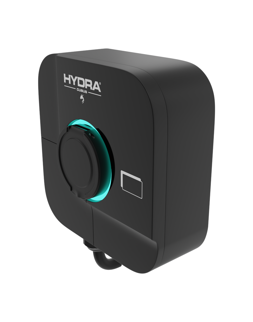 Hydra Cubus black EV charger with Type 2 socket and teal LED ring angled side view on transparent background