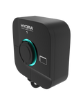 Hydra Cubus black EV charger with Type 2 socket and teal LED ring angled side view on transparent background