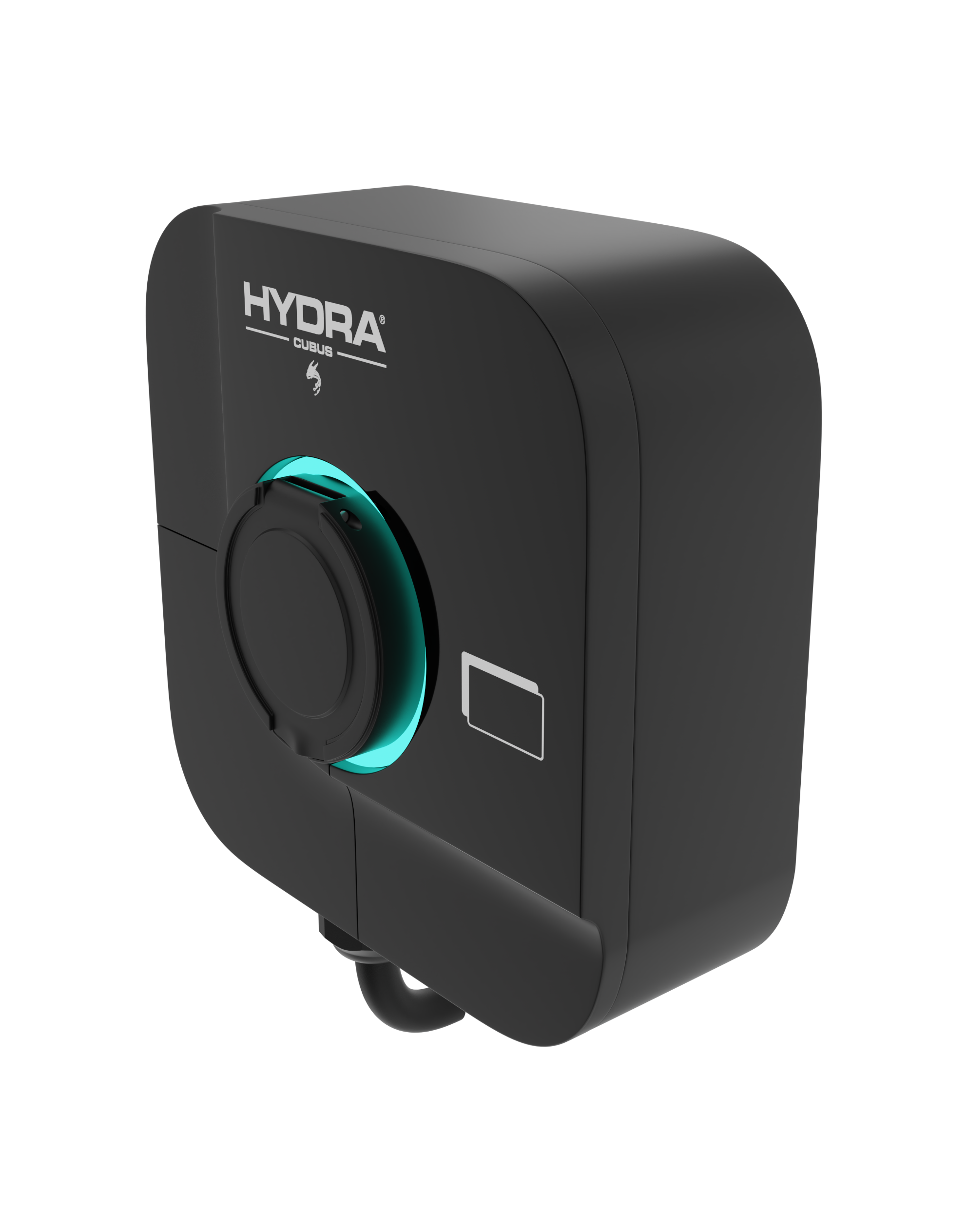 Hydra Cubus black EV charger with Type 2 socket and teal LED ring angled side view on transparent background