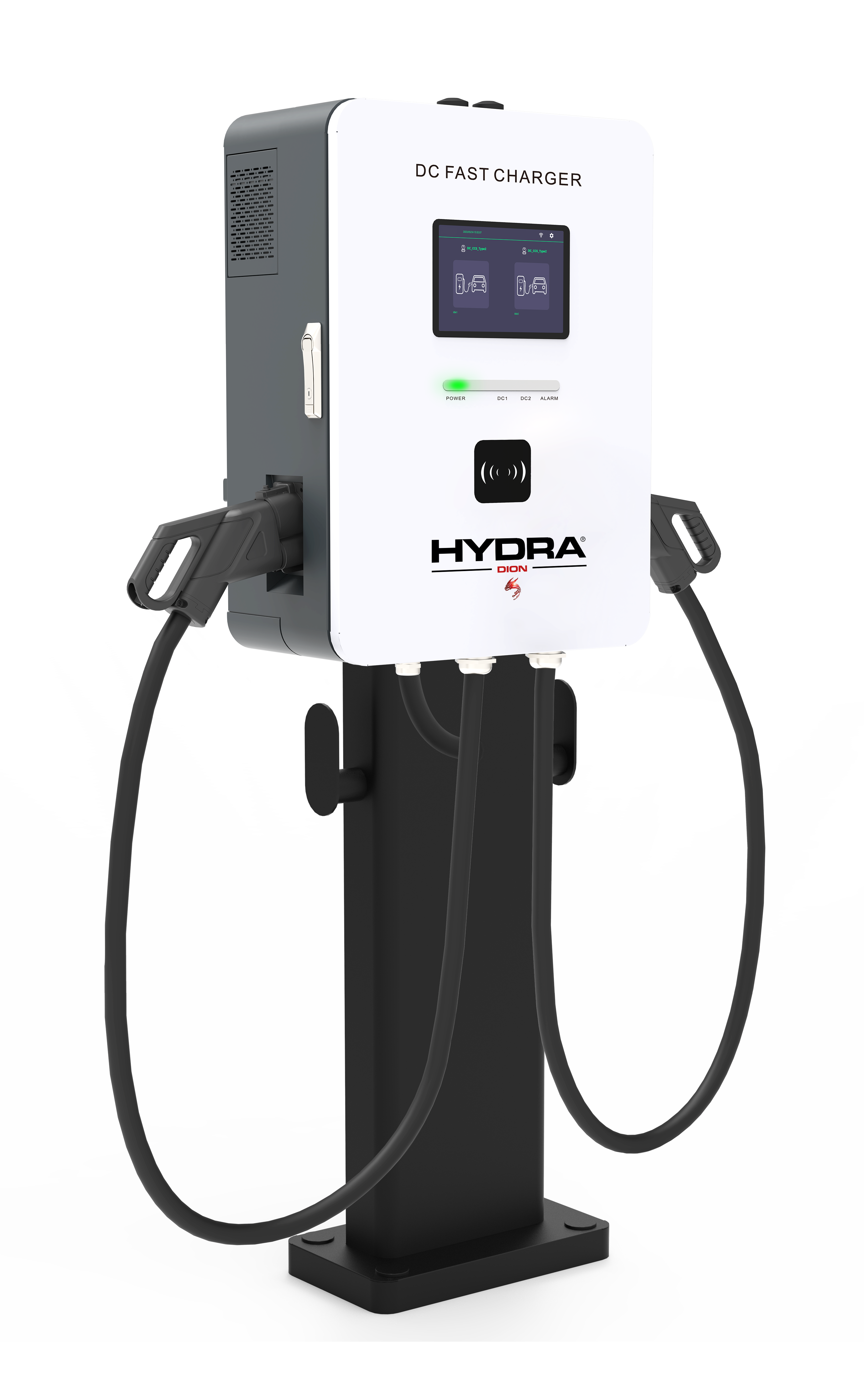 Hydra Dion compact DC EV charger on pedestal installation