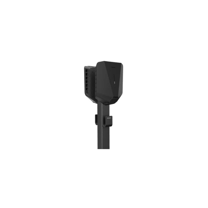 Easee Base 2-way pedestal close-up showing Easee One mounted on black post with mid-post bracket for second charger