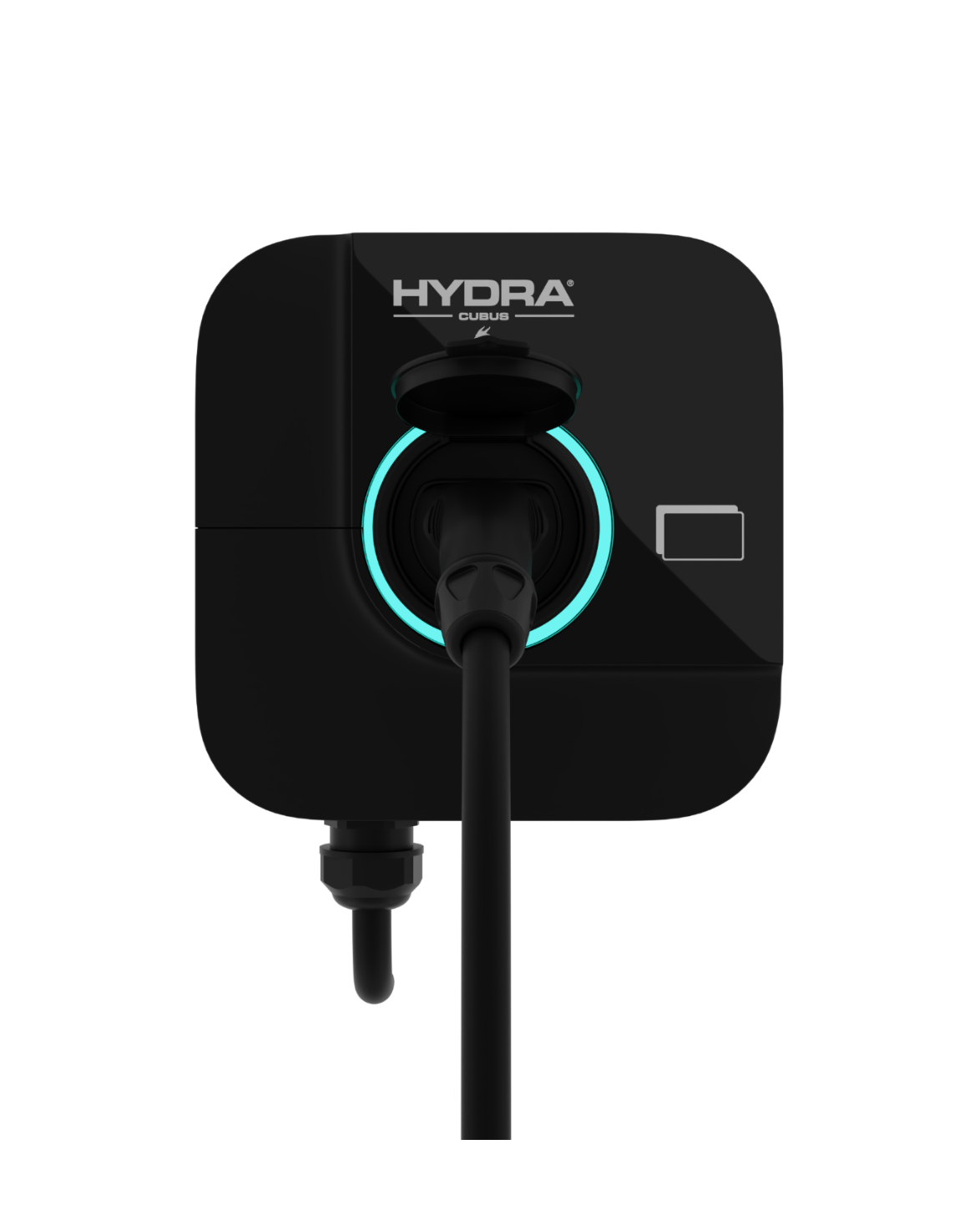 Hydra Cubus 2 black EV charger with teal LED ring and tethered cable front view on transparent background