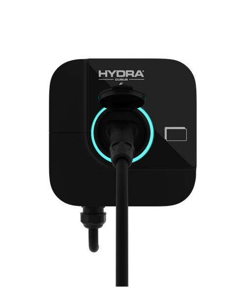 Hydra Cubus 2 black EV charger with teal LED ring and tethered cable front view on transparent background