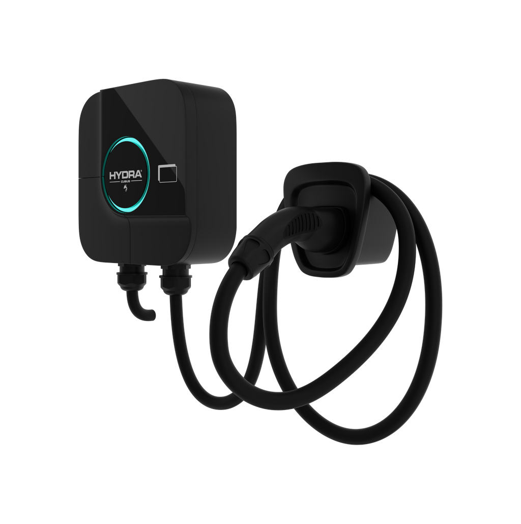 Hydra Cubus 3 black EV charger with teal LED ring and tethered cable front left angled view on transparent background