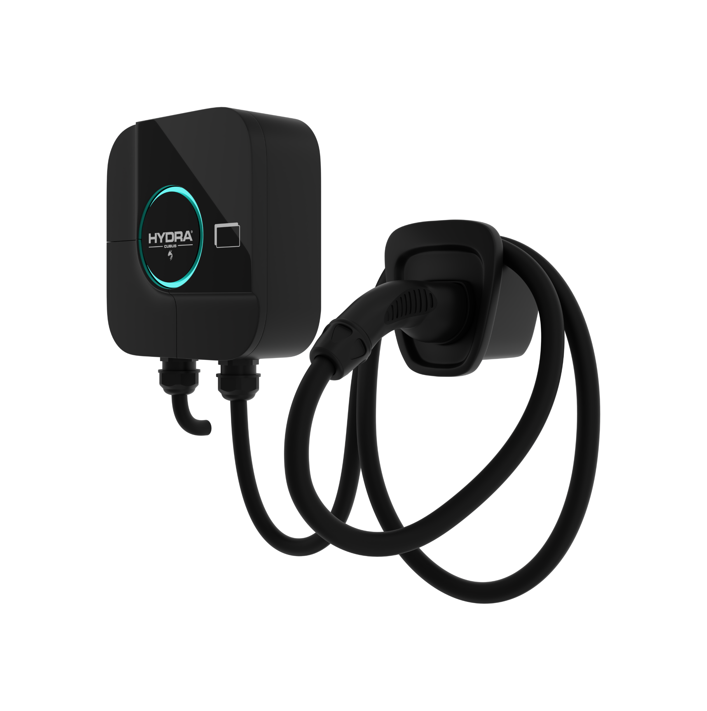 Hydra Cubus 3 black EV charger with teal LED ring and tethered cable front left angled view on transparent background