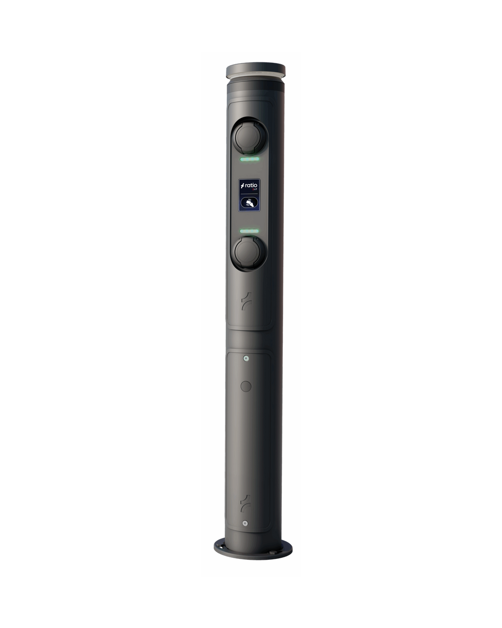 Ratio iO7 bollard EV charger product render in dark grey, cylindrical post with two socket covers, central ratio display screen and green LED indicators