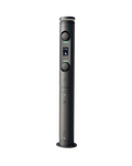 Ratio iO7 bollard EV charger product render in dark grey, cylindrical post with two socket covers, central ratio display screen and green LED indicators