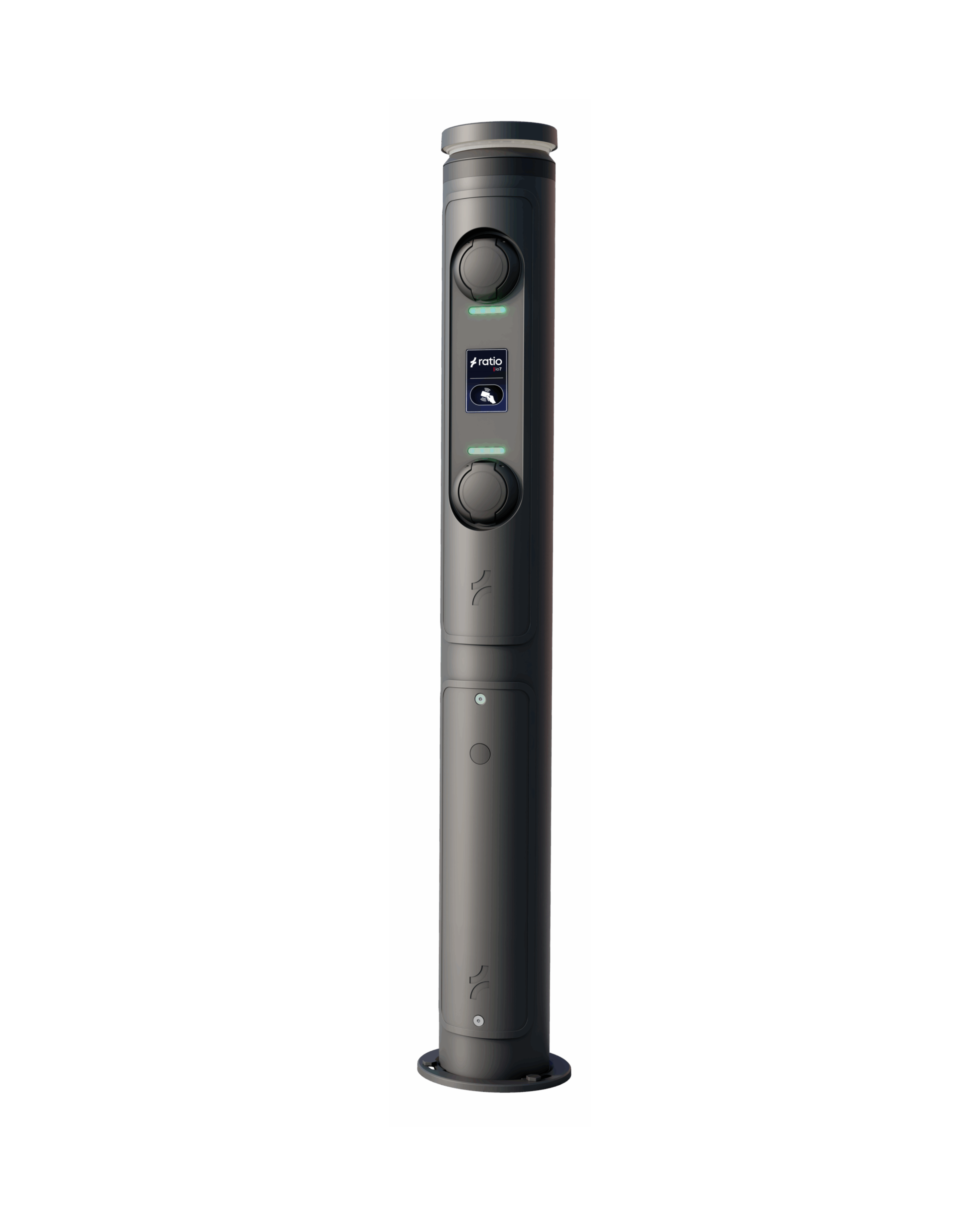 Ratio iO7 bollard EV charger product render in dark grey, cylindrical post with two socket covers, central ratio display screen and green LED indicators