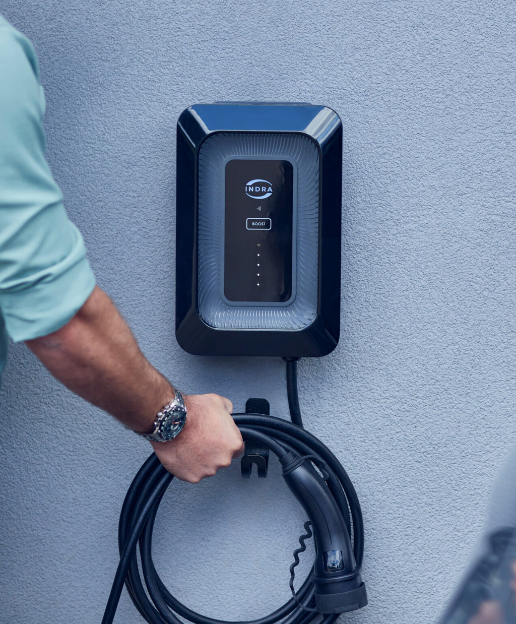 Indra Smart LUX black premium EV charger with ambient lighting